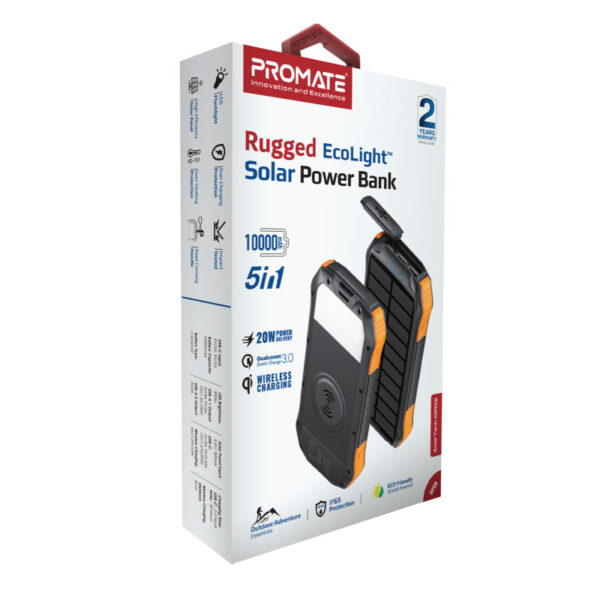 ⁦بروميت SolarTank-10PDQi بطارية شمسية متنقلة 10000mAh، شحن لاسلكي Qi 10 واط، USB-C PD 20W، مقاومة للماء IP65، إضاءة LED 300 لومن⁩ - الصورة ⁦10⁩