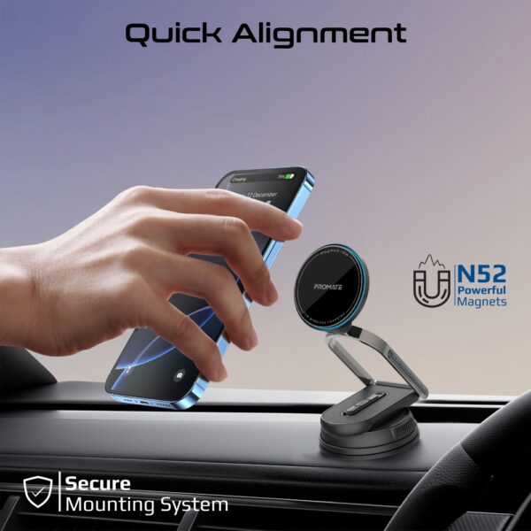 ⁦بروميت MagNeo-15W شاحن سيارة مغناطيسي لاسلكي 15 واط، حامل للهاتف مع قاعدة 360°، ذراع قابل للتعديل، تركيب على الزجاج أو الطبلون⁩ - الصورة ⁦7⁩