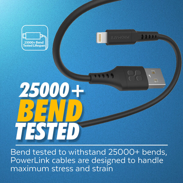 ⁦بروميت PowerLink-Ai200 كيبل شحن USB-A إلى لايتنينغ 200 سم، شحن سريع 2.4A، نقل بيانات 480Mbps، سيليكون مقاوم للتشابك، متين حتى 25000 انحناء⁩ - الصورة ⁦10⁩