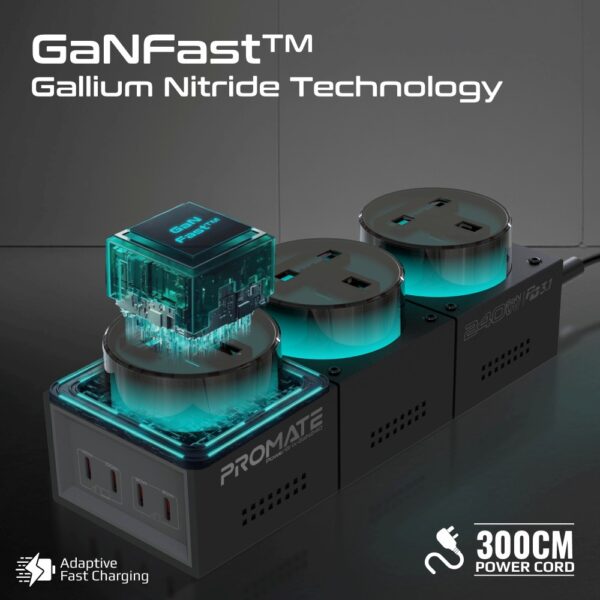 ⁦بروميت PowerBrix-GaN240 محطة شحن 7 في 1 بقدرة 240 واط GaNFast™، 3 منافذ AC، 4 منافذ USB-C حتى 140 واط، كابل 3 متر، إضاءة RGB⁩ - الصورة ⁦6⁩