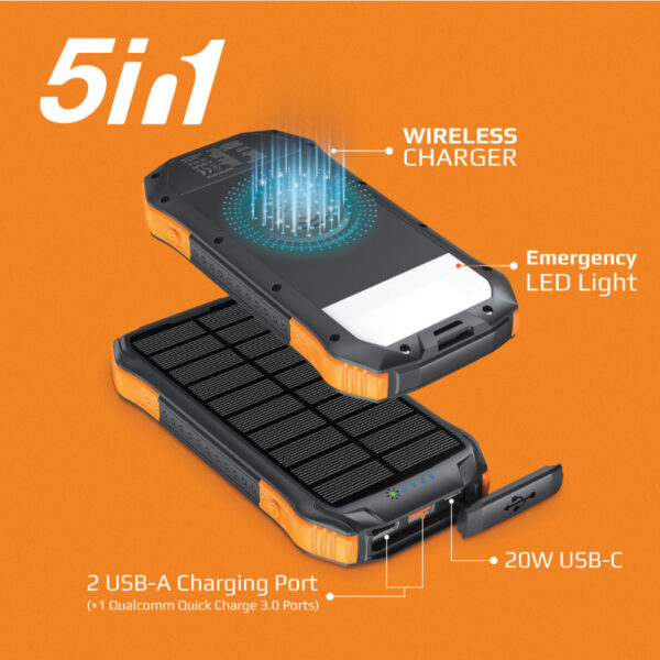 ⁦بروميت SolarTank-10PDQi بطارية شمسية متنقلة 10000mAh، شحن لاسلكي Qi 10 واط، USB-C PD 20W، مقاومة للماء IP65، إضاءة LED 300 لومن⁩ - الصورة ⁦7⁩