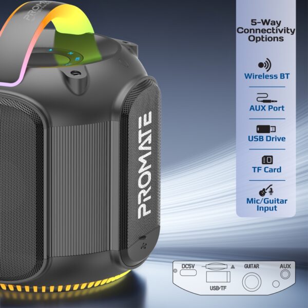 ⁦بروميت Strike-80 مكبر صوت 80 واط بتقنية TWS، بطارية 3600mAh حتى 6 ساعات، إضاءة RGB، مقاوم للماء IPX5، مقبض للتنقل واتصال متعدد⁩ - الصورة ⁦8⁩