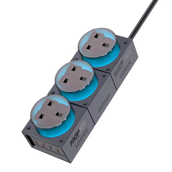 بروميت PowerBrix-GaN240 محطة شحن 7 في 1 بقدرة 240 واط GaNFast™، 3 منافذ AC، 4 منافذ USB-C حتى 140 واط، كابل 3 متر، إضاءة RGB