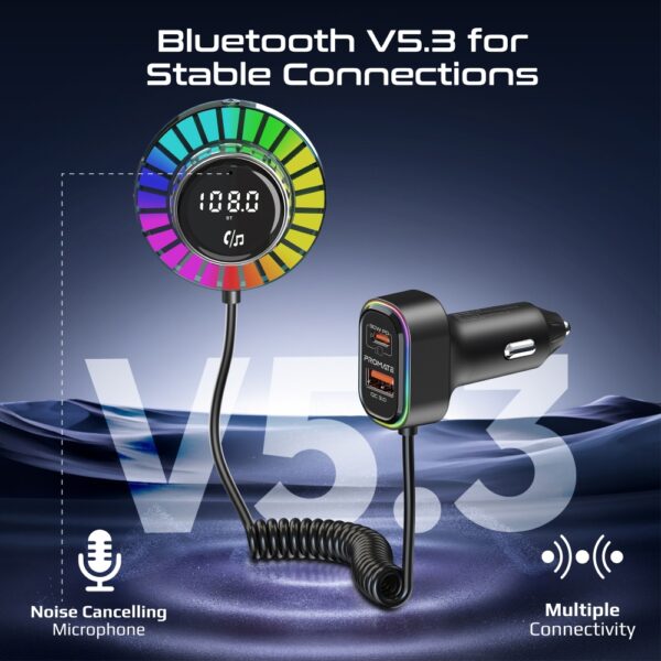 ⁦بروميت SmarTune-EXT محول FM بلوتوث للسيارة مع شحن سريع PD 30W وQC 18W، تحكم مدمج 1.5م، إضاءة RGB، ميكروفون مدمج، تركيب على فتحات التكييف⁩ - الصورة ⁦8⁩