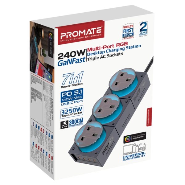 ⁦بروميت PowerBrix-GaN240 محطة شحن 7 في 1 بقدرة 240 واط GaNFast™، 3 منافذ AC، 4 منافذ USB-C حتى 140 واط، كابل 3 متر، إضاءة RGB⁩ - الصورة ⁦8⁩