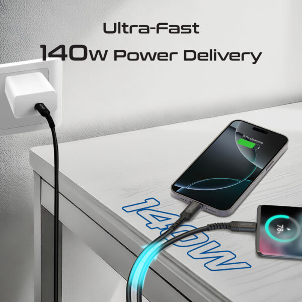 ⁦بروميت PowerLink-3C – كابل USB-C إلى USB-C مزدوج مضفر بقوة شحن 140 واط⁩ - الصورة ⁦4⁩