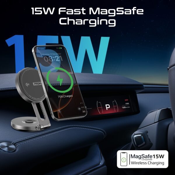 ⁦بروميت MagMate-1 حامل وشاحن سيارة مغناطيسي لاسلكي Qi2 بقدرة 15 واط متوافق مع MagSafe وذراع دوار 360° للتثبيت الذكي⁩ - الصورة ⁦7⁩