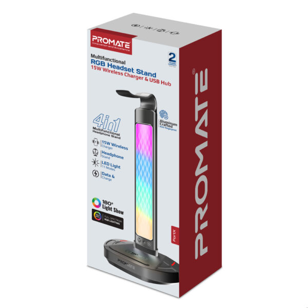 ⁦بروميت FortX حامل سماعة رأس RGB متعدد الوظائف مع شاحن لاسلكي 15 واط ومنافذ USB لنقل البيانات وتنظيم المكتب⁩ - الصورة ⁦5⁩