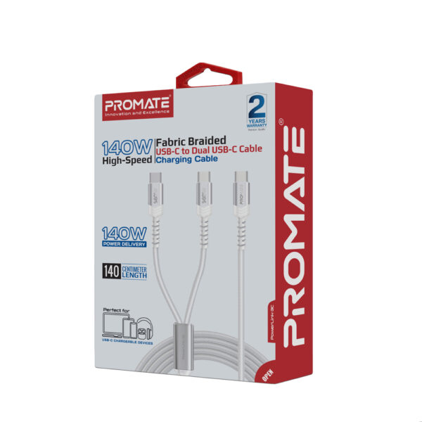 ⁦بروميت PowerLink-3C – كابل USB-C إلى USB-C مزدوج مضفر بقوة شحن 140 واط⁩ - الصورة ⁦2⁩