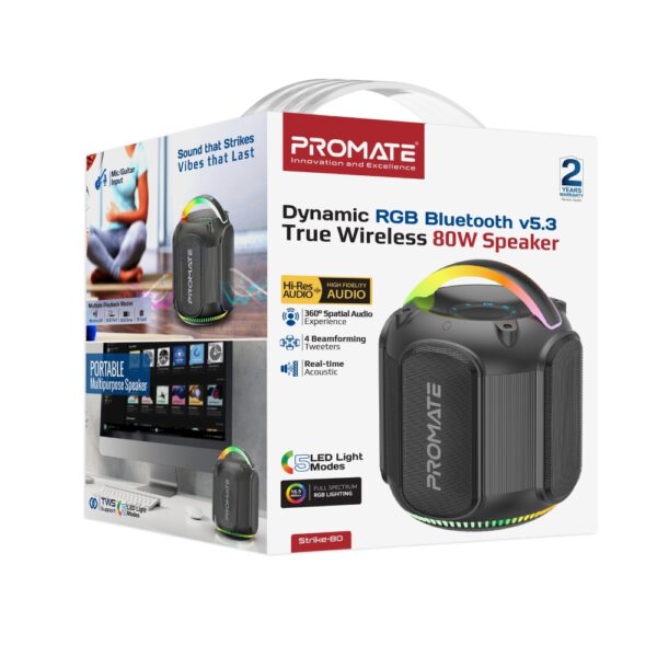 ⁦بروميت Strike-80 مكبر صوت 80 واط بتقنية TWS، بطارية 3600mAh حتى 6 ساعات، إضاءة RGB، مقاوم للماء IPX5، مقبض للتنقل واتصال متعدد⁩ - الصورة ⁦4⁩