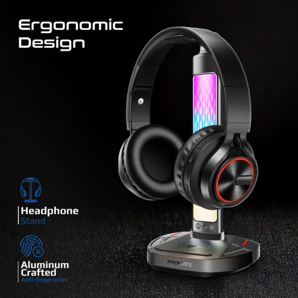⁦بروميت FortX حامل سماعة رأس RGB متعدد الوظائف مع شاحن لاسلكي 15 واط ومنافذ USB لنقل البيانات وتنظيم المكتب⁩ - الصورة ⁦6⁩