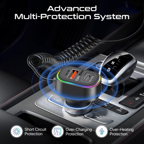 ⁦بروميت SmarTune-EXT محول FM بلوتوث للسيارة مع شحن سريع PD 30W وQC 18W، تحكم مدمج 1.5م، إضاءة RGB، ميكروفون مدمج، تركيب على فتحات التكييف⁩ - الصورة ⁦5⁩