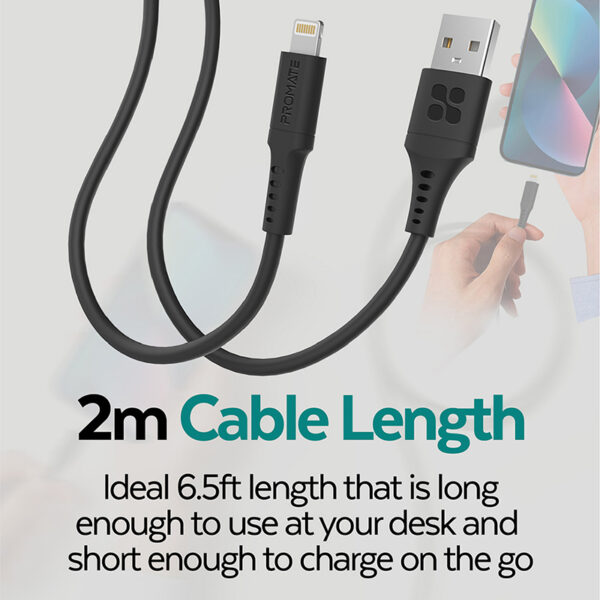 ⁦بروميت PowerLink-Ai200 كيبل شحن USB-A إلى لايتنينغ 200 سم، شحن سريع 2.4A، نقل بيانات 480Mbps، سيليكون مقاوم للتشابك، متين حتى 25000 انحناء⁩ - الصورة ⁦9⁩