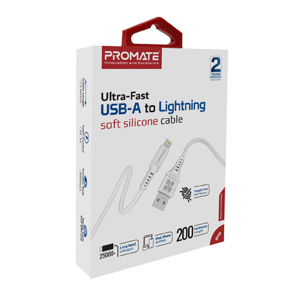 ⁦بروميت PowerLink-Ai200 كيبل شحن USB-A إلى لايتنينغ 200 سم، شحن سريع 2.4A، نقل بيانات 480Mbps، سيليكون مقاوم للتشابك، متين حتى 25000 انحناء⁩ - الصورة ⁦7⁩