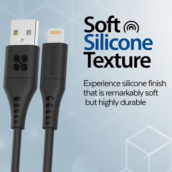 ⁦بروميت PowerLink-Ai200 كيبل شحن USB-A إلى لايتنينغ 200 سم، شحن سريع 2.4A، نقل بيانات 480Mbps، سيليكون مقاوم للتشابك، متين حتى 25000 انحناء⁩ - الصورة ⁦8⁩