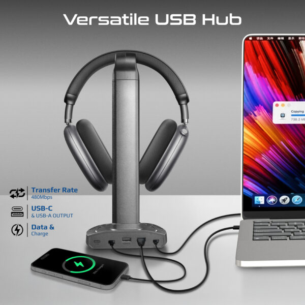 ⁦بروميت FortX حامل سماعة رأس RGB متعدد الوظائف مع شاحن لاسلكي 15 واط ومنافذ USB لنقل البيانات وتنظيم المكتب⁩ - الصورة ⁦4⁩