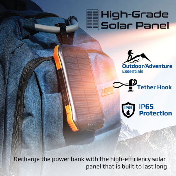 ⁦بروميت SolarTank-10PDQi بطارية شمسية متنقلة 10000mAh، شحن لاسلكي Qi 10 واط، USB-C PD 20W، مقاومة للماء IP65، إضاءة LED 300 لومن⁩ - الصورة ⁦3⁩