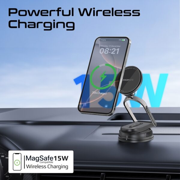 ⁦بروميت MagNeo-15W شاحن سيارة مغناطيسي لاسلكي 15 واط، حامل للهاتف مع قاعدة 360°، ذراع قابل للتعديل، تركيب على الزجاج أو الطبلون⁩ - الصورة ⁦5⁩