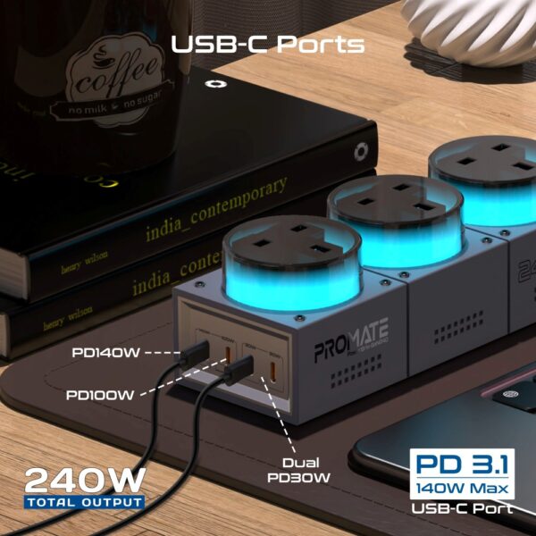 ⁦بروميت PowerBrix-GaN240 محطة شحن 7 في 1 بقدرة 240 واط GaNFast™، 3 منافذ AC، 4 منافذ USB-C حتى 140 واط، كابل 3 متر، إضاءة RGB⁩ - الصورة ⁦4⁩