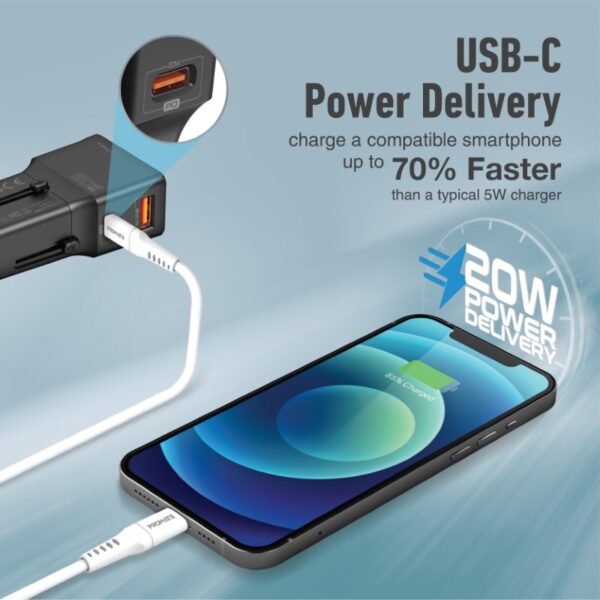 ⁦بروميت TriPlug-PD20 محول سفر عالمي بـ 4 مقابس ومنفذي شحن سريع USB-C™ وQC 3.0 بقدرة 20 واط⁩ - الصورة ⁦7⁩