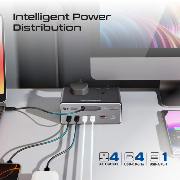 ⁦بروميت PowerBrix-160 محطة شحن GaN متعددة المنافذ بقدرة 160 واط و4 مقابس AC⁩ - الصورة ⁦2⁩