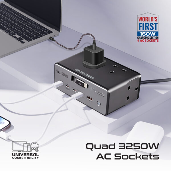 ⁦بروميت PowerBrix-160 محطة شحن GaN متعددة المنافذ بقدرة 160 واط و4 مقابس AC⁩ - الصورة ⁦7⁩