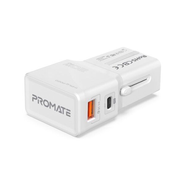 ⁦بروميت TriPlug-PD20 محول سفر عالمي بـ 4 مقابس ومنفذي شحن سريع USB-C™ وQC 3.0 بقدرة 20 واط⁩ - الصورة ⁦5⁩