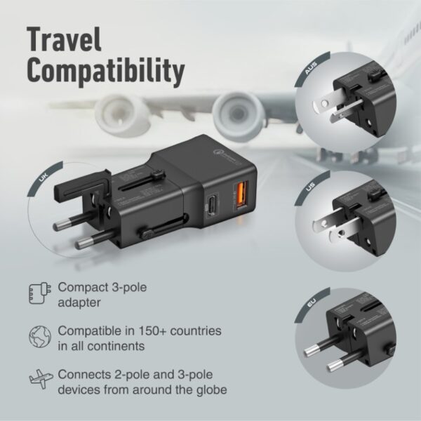 ⁦بروميت TriPlug-PD20 محول سفر عالمي بـ 4 مقابس ومنفذي شحن سريع USB-C™ وQC 3.0 بقدرة 20 واط⁩ - الصورة ⁦3⁩